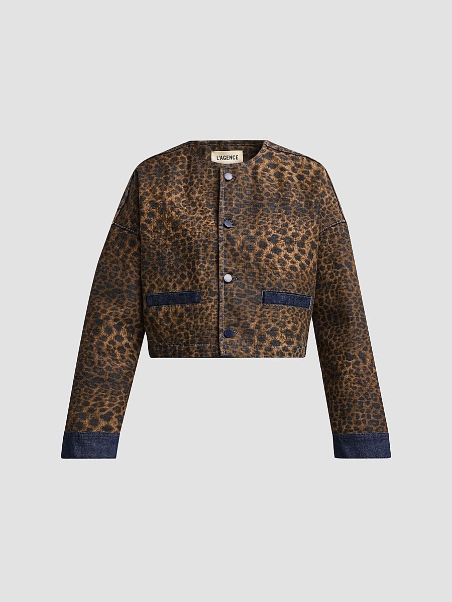 L'AGENCE Women's Verona Leopard-Print Crop Denim Jacket - Zephyr - Size XL
