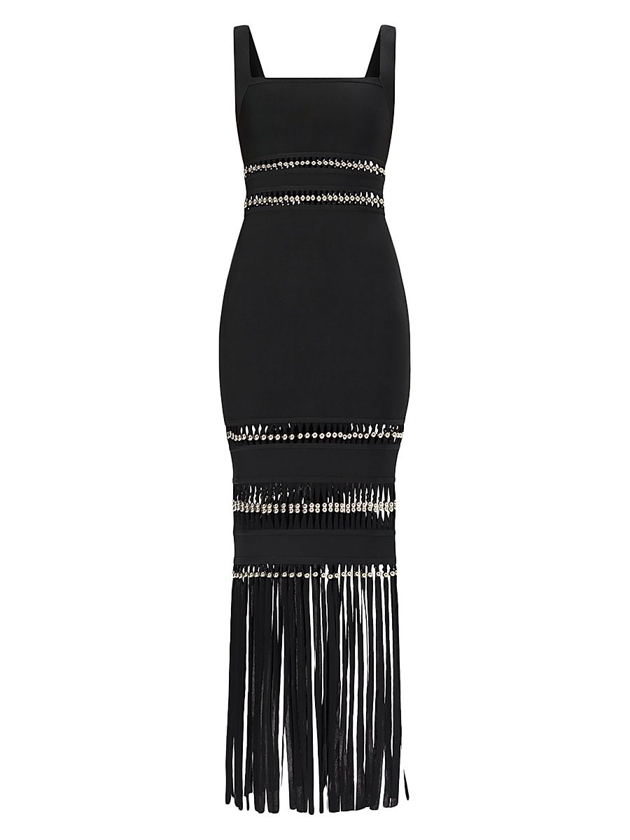 Women's The Ines Bead-Embellished Fringed Gown - Black - Size XS