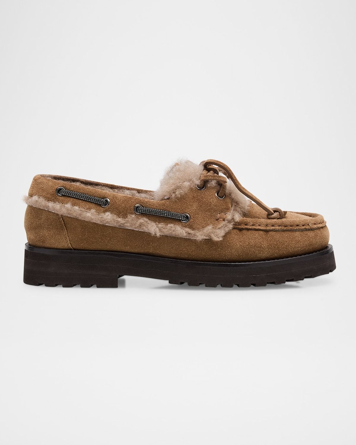 Monili Detail Shearling-Lined Suede Boat Shoes