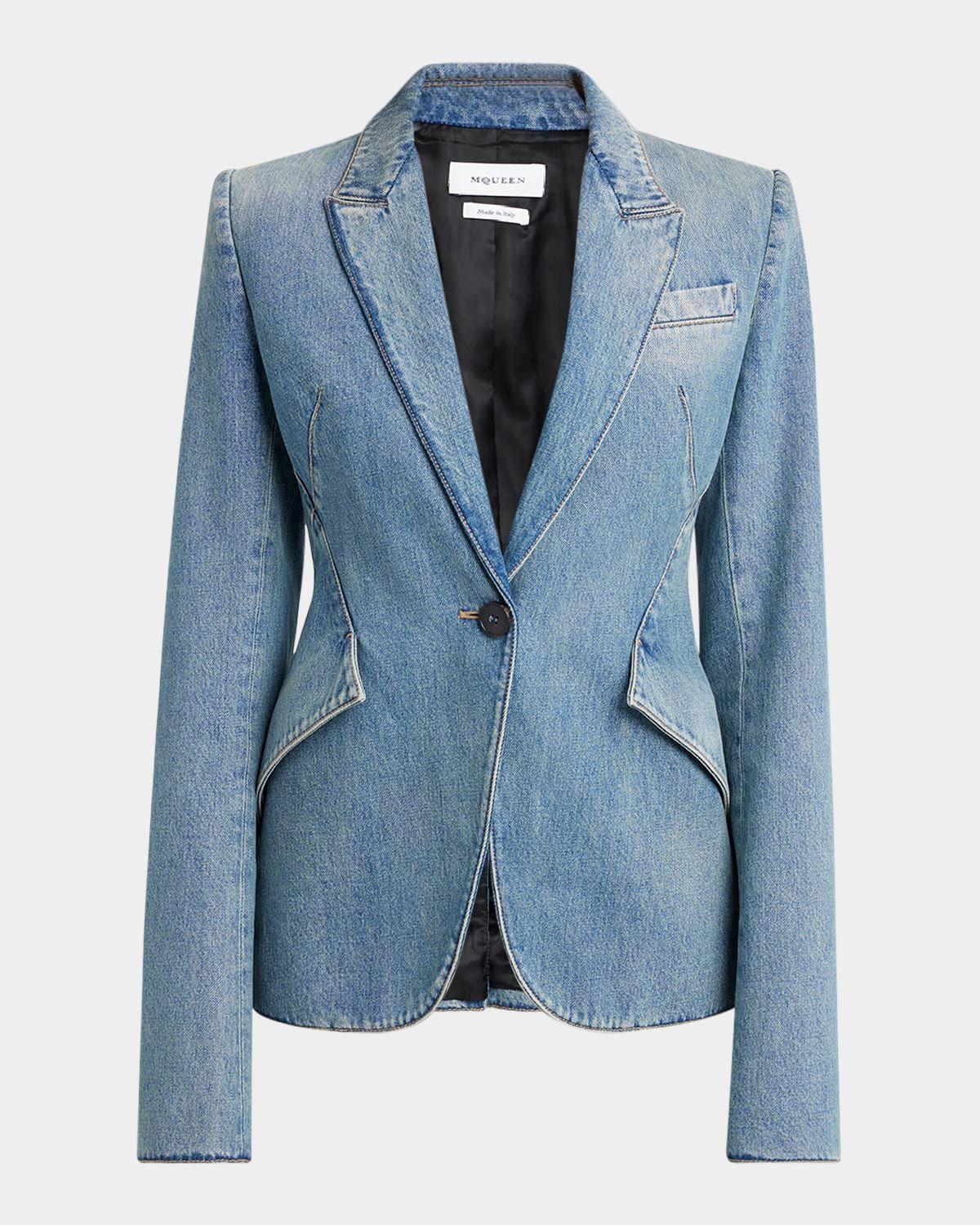 Light-Wash Denim Single-Breasted Blazer
