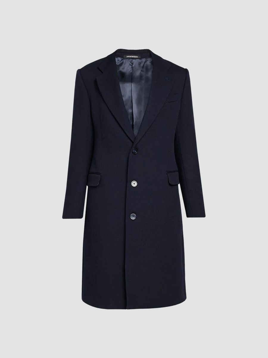 Emporio Armani Men's Wool Twill Topcoat - Solid Blue Navy - Size 48