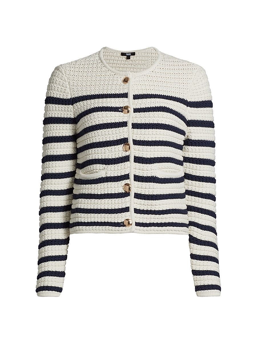 Women's Oberon Striped Cotton Cardigan - Ivory Dark Ink Blue - Size Large