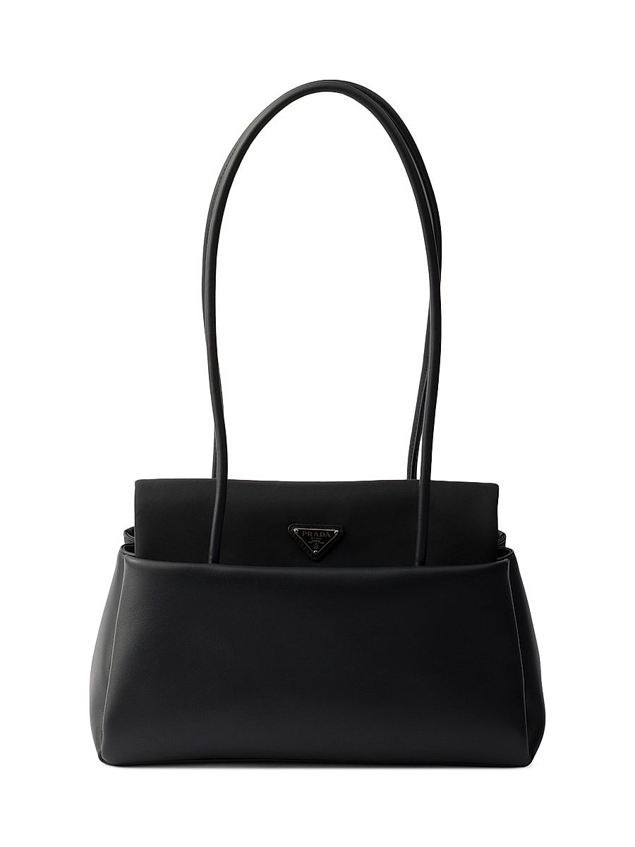 Women's Passage Medium Leather Shoulder Bag with Nylon Flap - Black