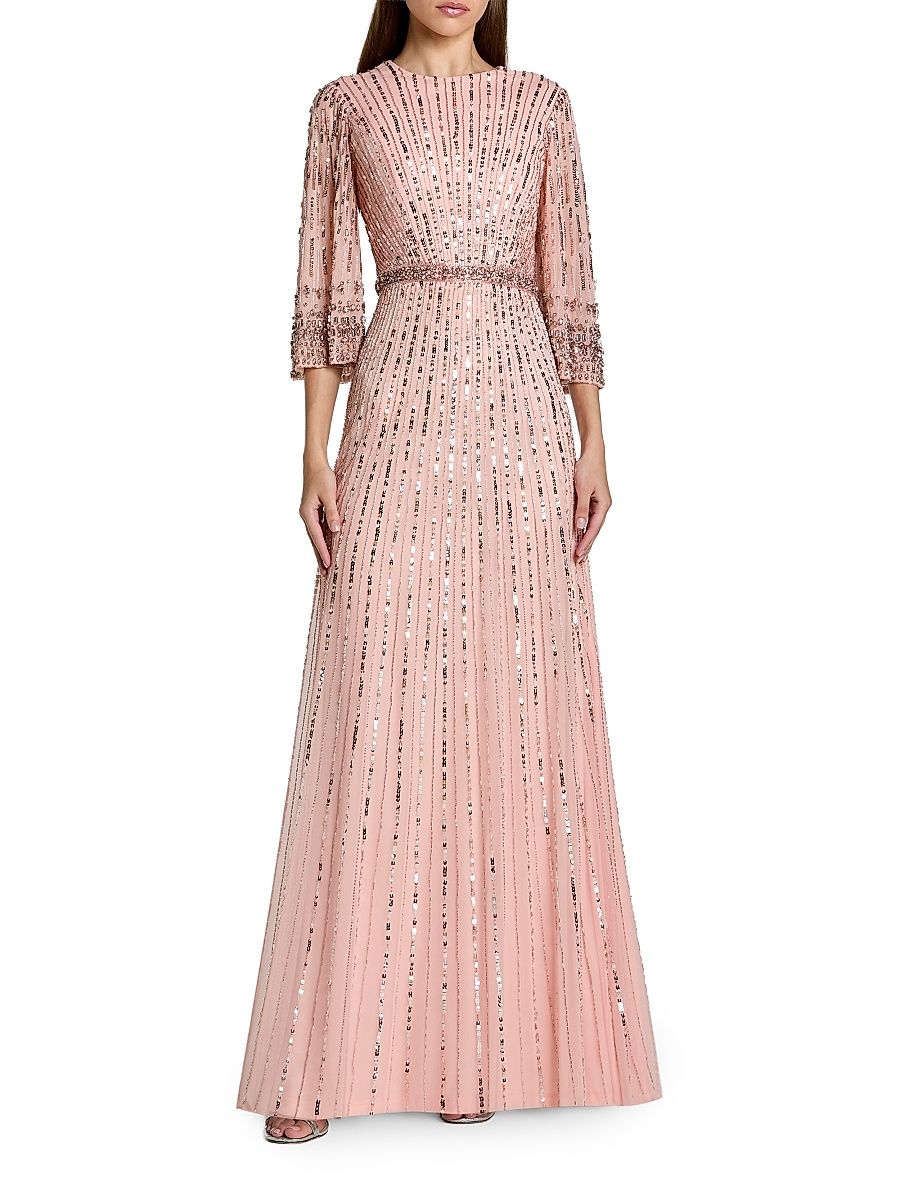 Women's Embellished Sequined A-Line Gown - Light Rose - Size 18