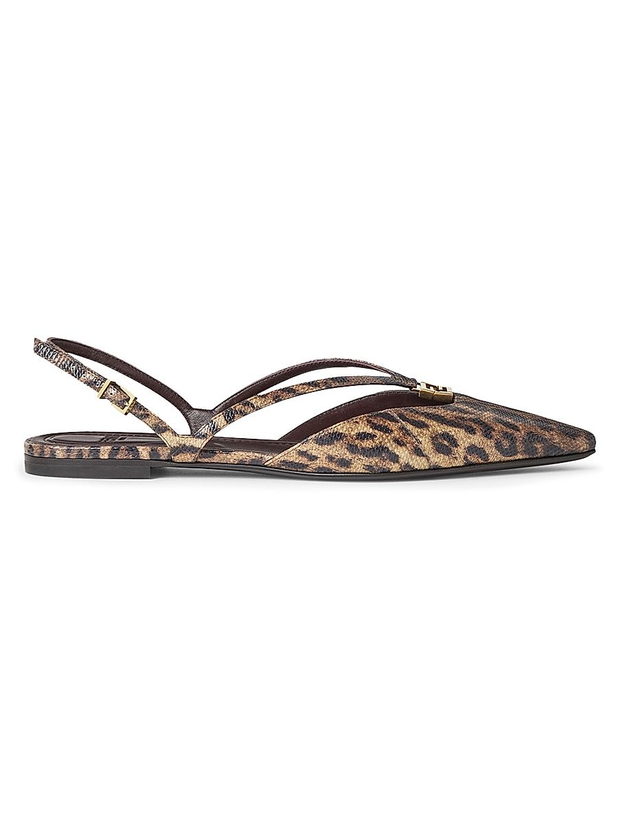 Women's Fendi Fold Leopard-Print Leather Slingback Flats - Beige - Size 9