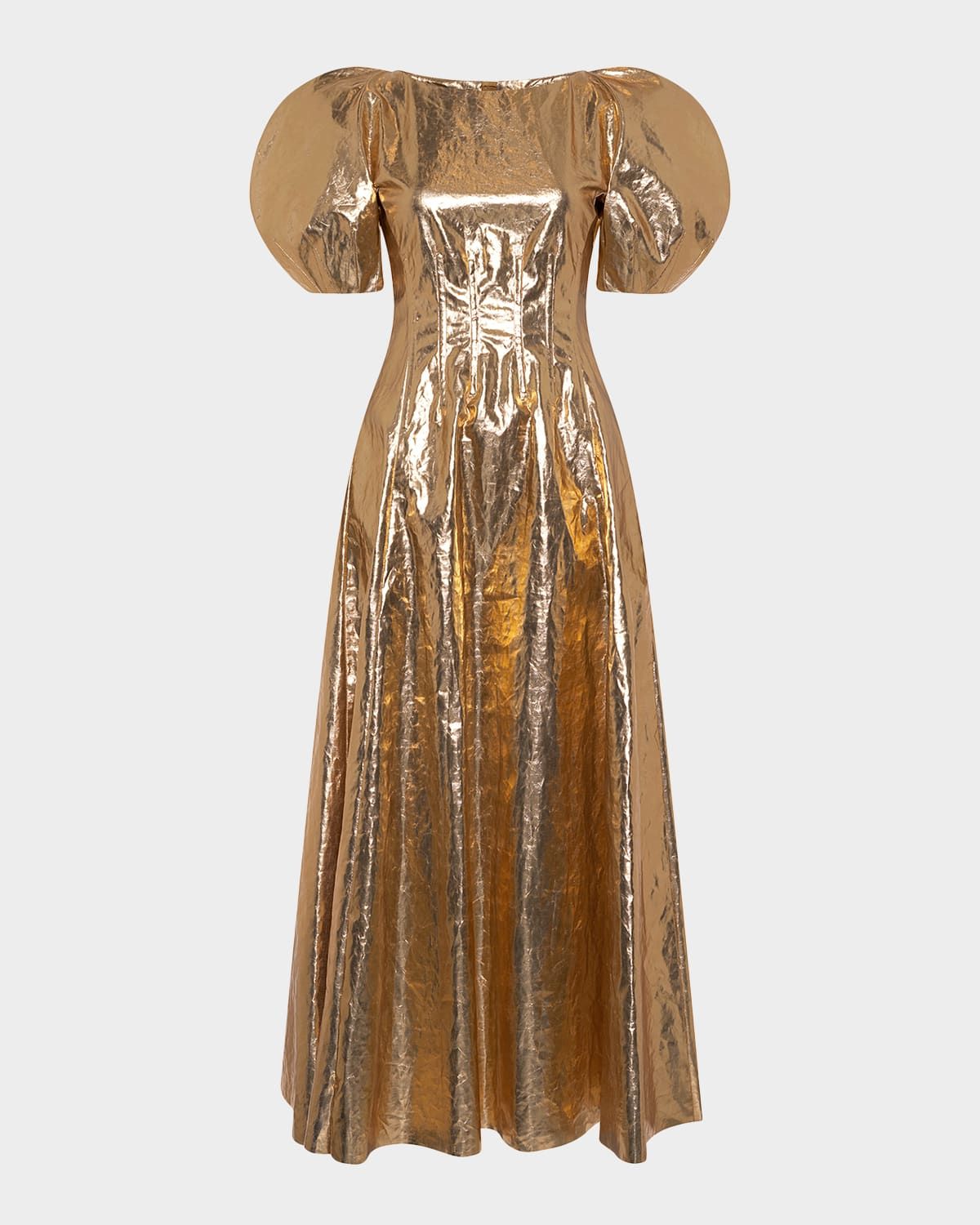 Ranya Metallic Linen Puff-Sleeve Maxi Dress