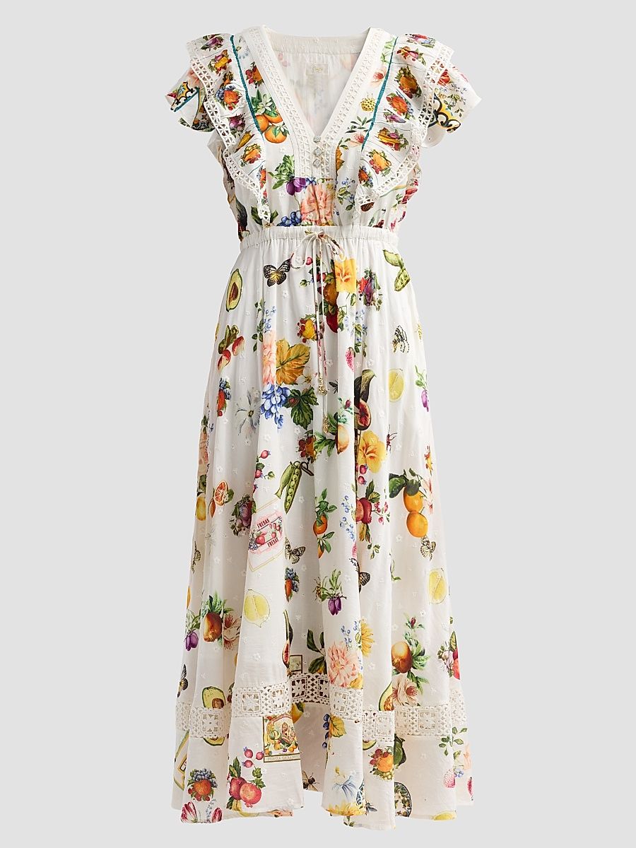 Women's Lace-Trim Printed Cotton-Silk A-Line Midi Dress - Magic Of The Mercado - Size Medium