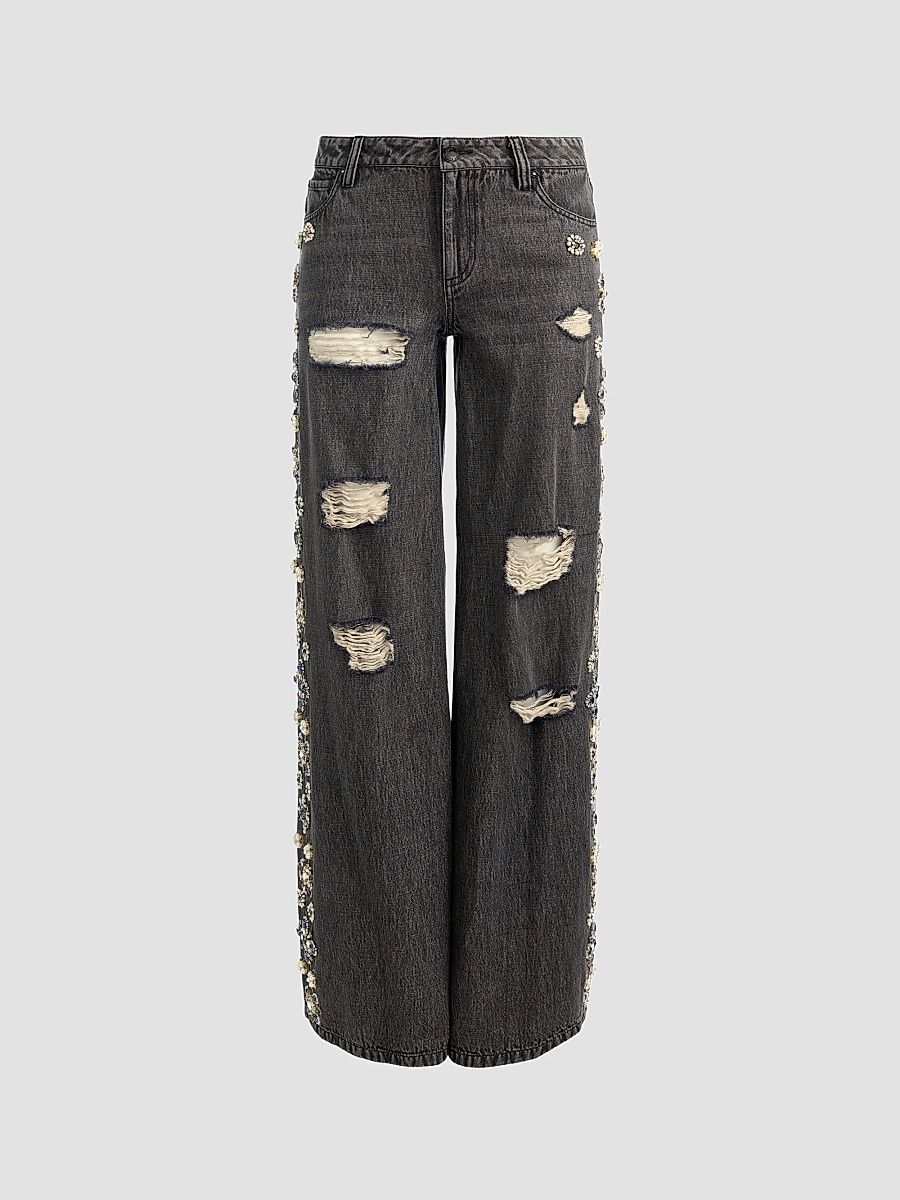 ALICE + OLIVIA Women's Amazing Embellished Distressed Baggy Jeans - Georgia Black Multi - Size 32