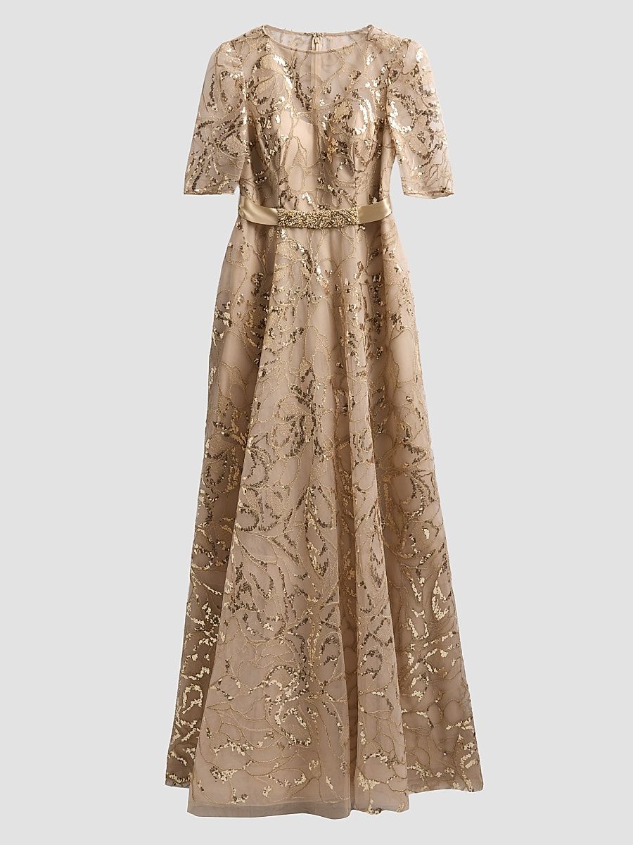 Women's Sequined Floral Tulle Gown - Gold - Size 4