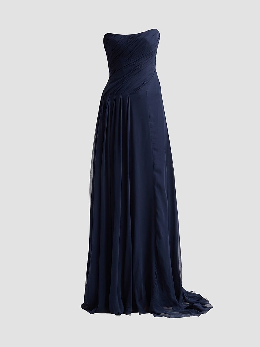 Women's Strapless Silk Draped Gown - Navy - Size 10