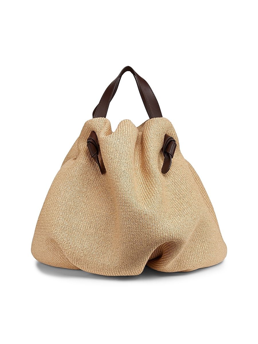 Women's Taurus Dumpling Raffia & Leather Tote Bag - Natural Dark Chocolate