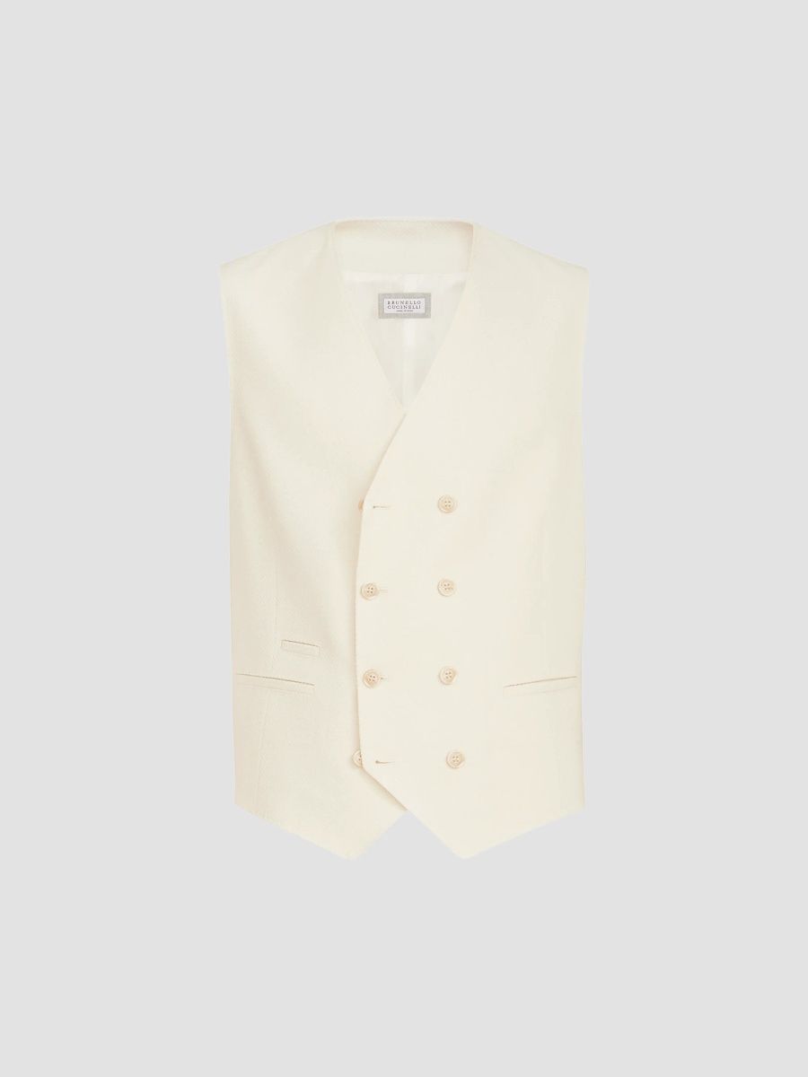 Brunello Cucinelli Men's Virgin Wool and Cotton Chevron One And A Half Breasted Waistcoat - Panama - Size 46