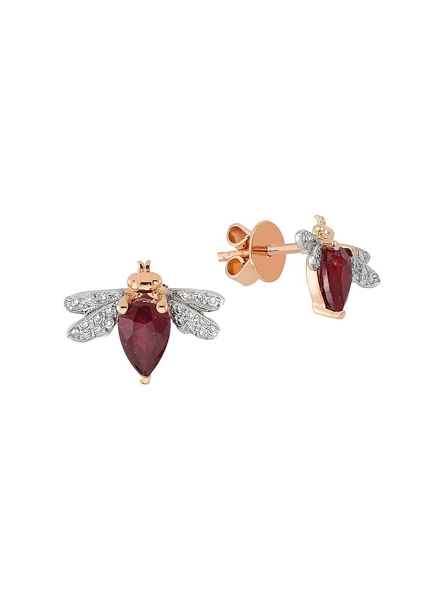 Women's Honey Bee 14K Rose Gold, Diamond & Ruby Earring - Rose Gold