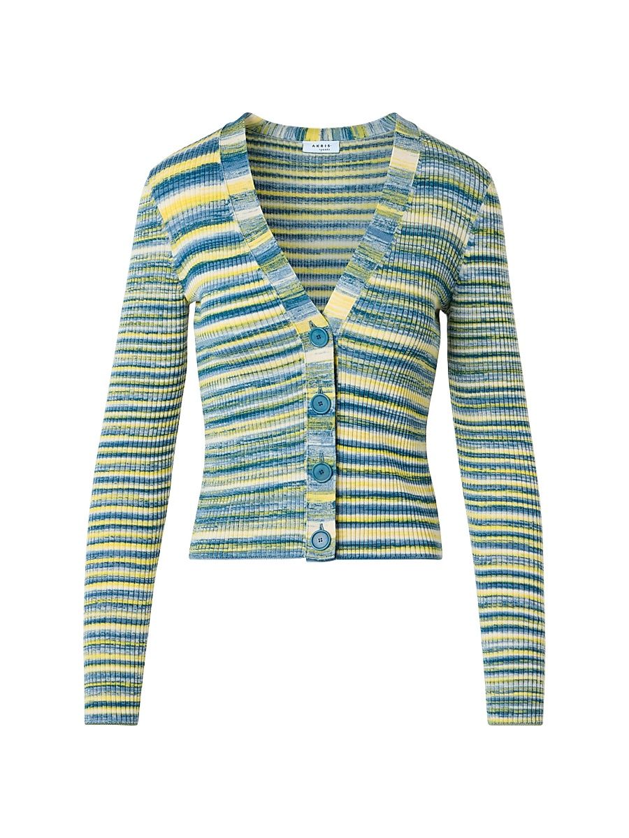 Women's Space-Dye Ribbed Merino Wool Cardigan - Sky Blue Multi - Size 14