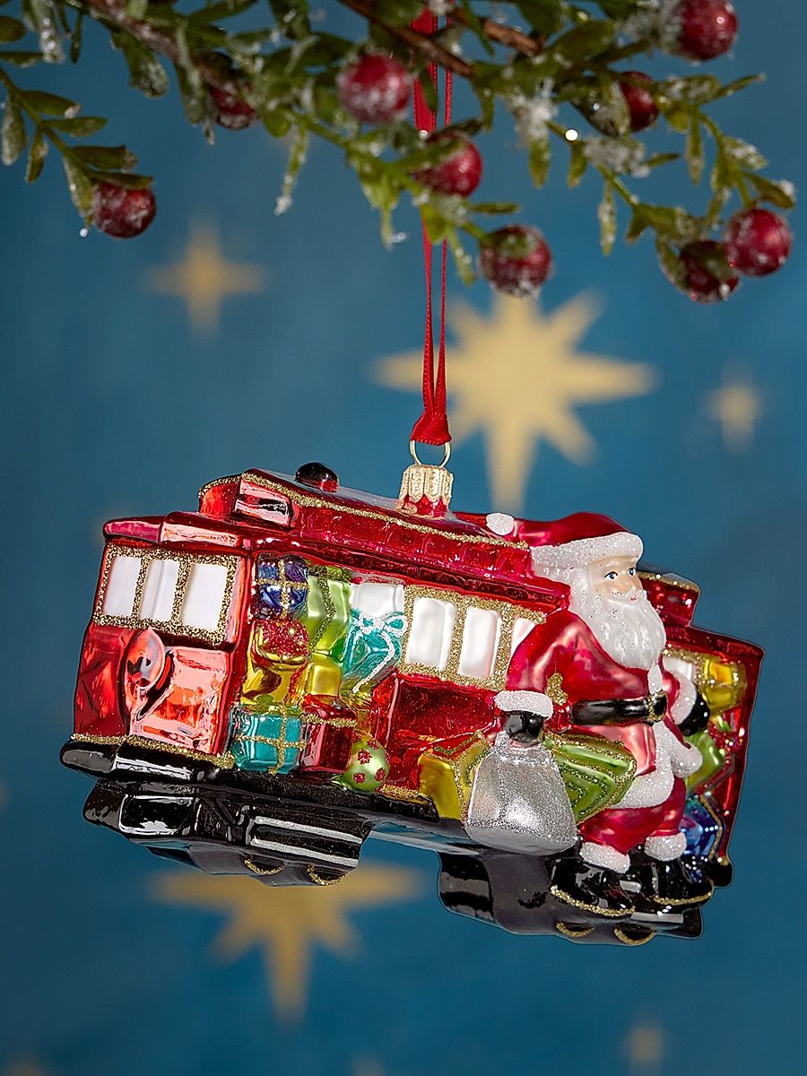 Santa With San Francisco Cable Car Glass Ornament