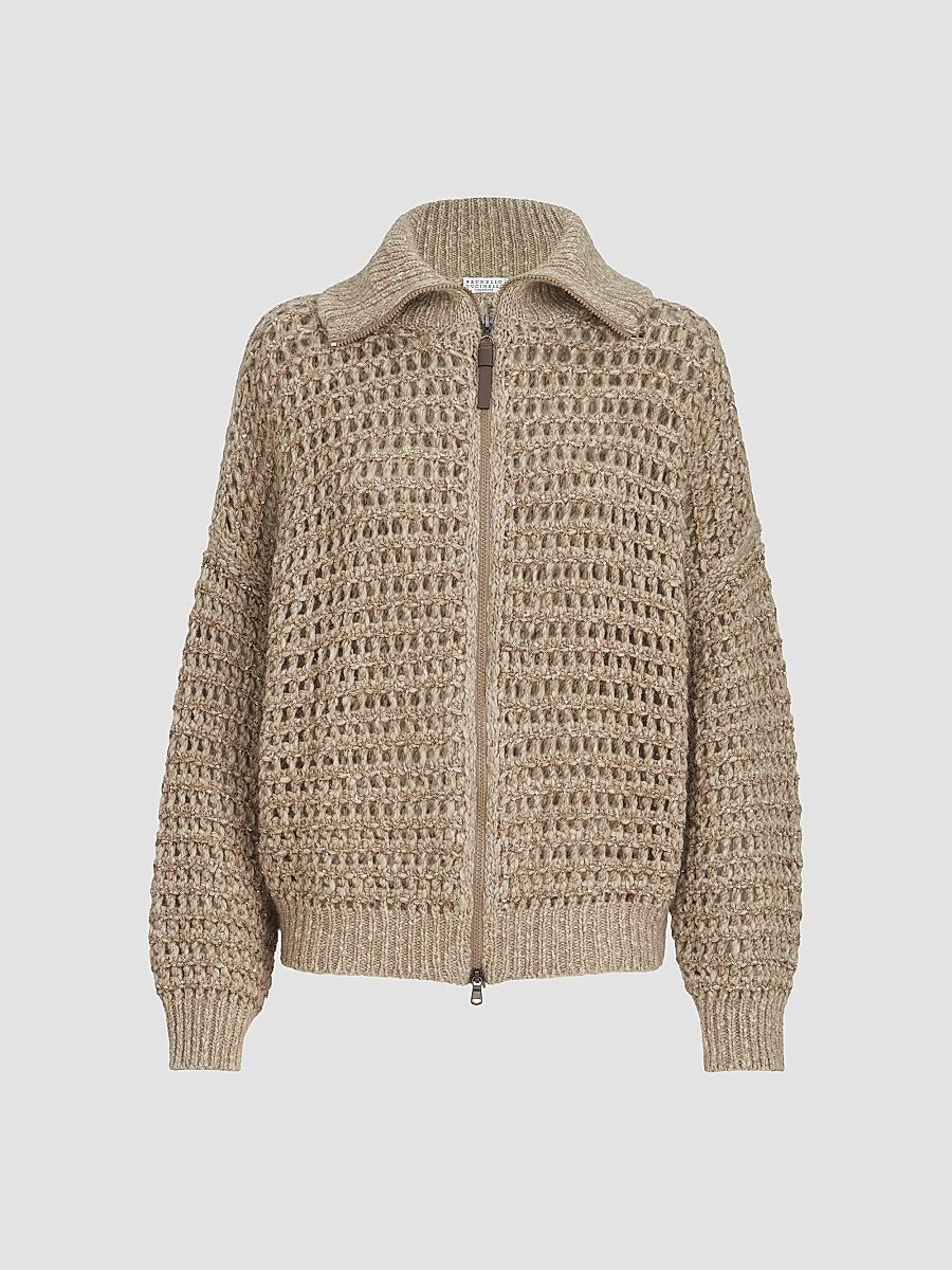 Women's Dazzling Soft Virgin Wool and Cashmere Net Cardigan - Light Beige - Size XS