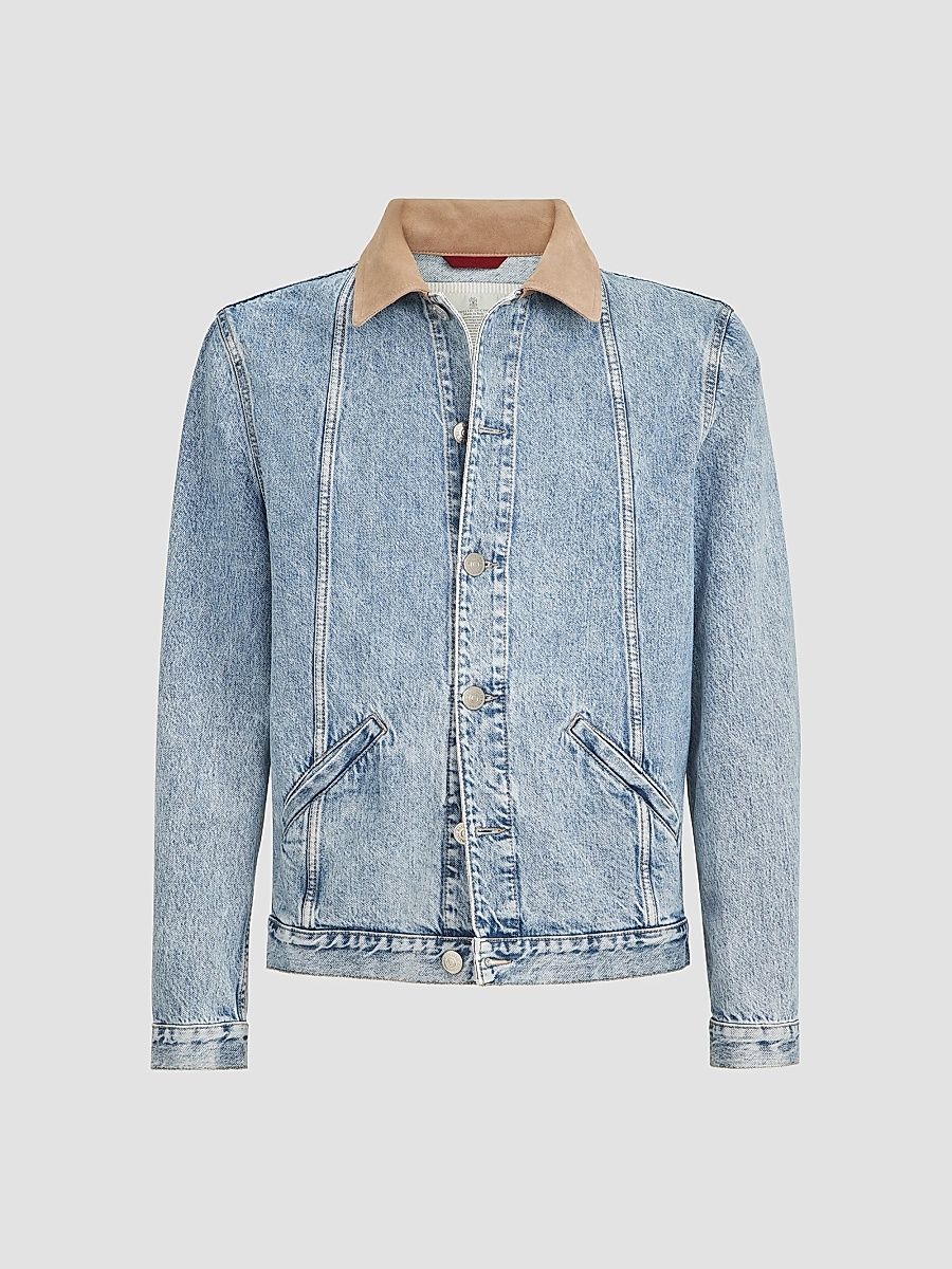 Men's Denim Outerwear Jacket with Suede Collar - Light Denim - Size 40