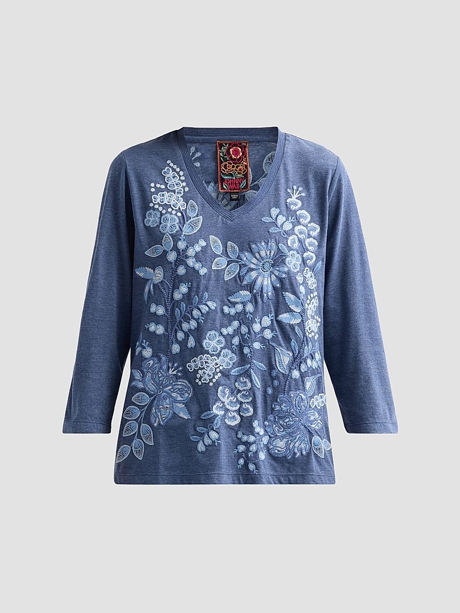 Women's Sarai Floral-Embroidered Cotton T-Shirt - Wash Navy - Size XL