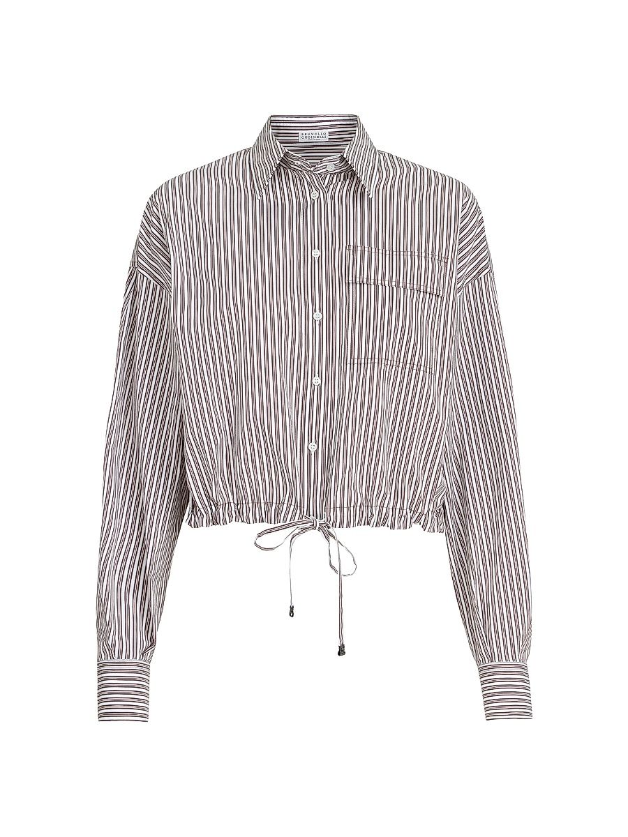 Women's Striped Cotton and Silk Poplin Shirt with Monili - Bordeaux - Size XXL