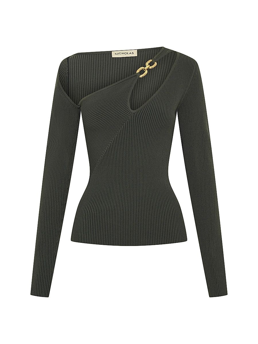 Women's Falda Asymmetric Double Ring Rib-Knit Top - Olive - Size Medium