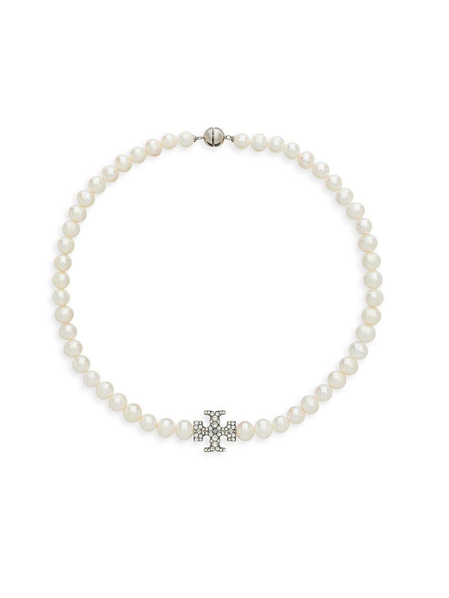 Women's Kira Silvertone, Cultured Pearl & Glass Crystal Logo Pendant Necklace - Tory Silver Pearl Crystal