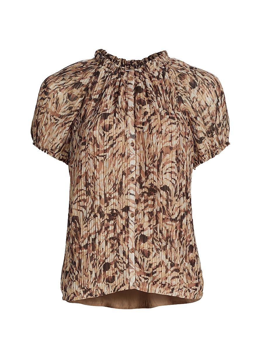 Women's Soraya Abstract Print Puff-Sleeve Blouse - Baja Brown Tulum - Size Medium