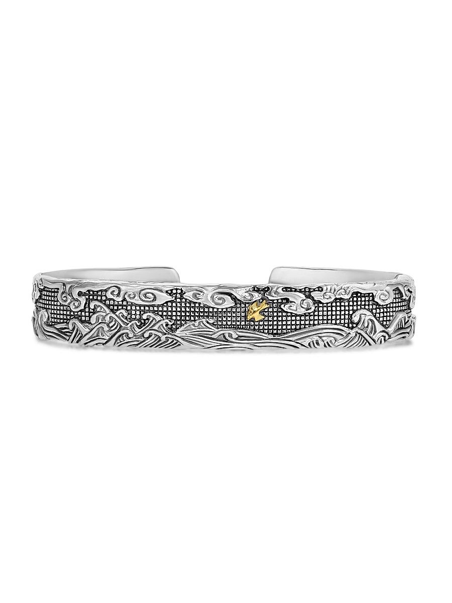 Men's Waves Cuff Bracelet in Sterling Silver - Silver - Size Medium