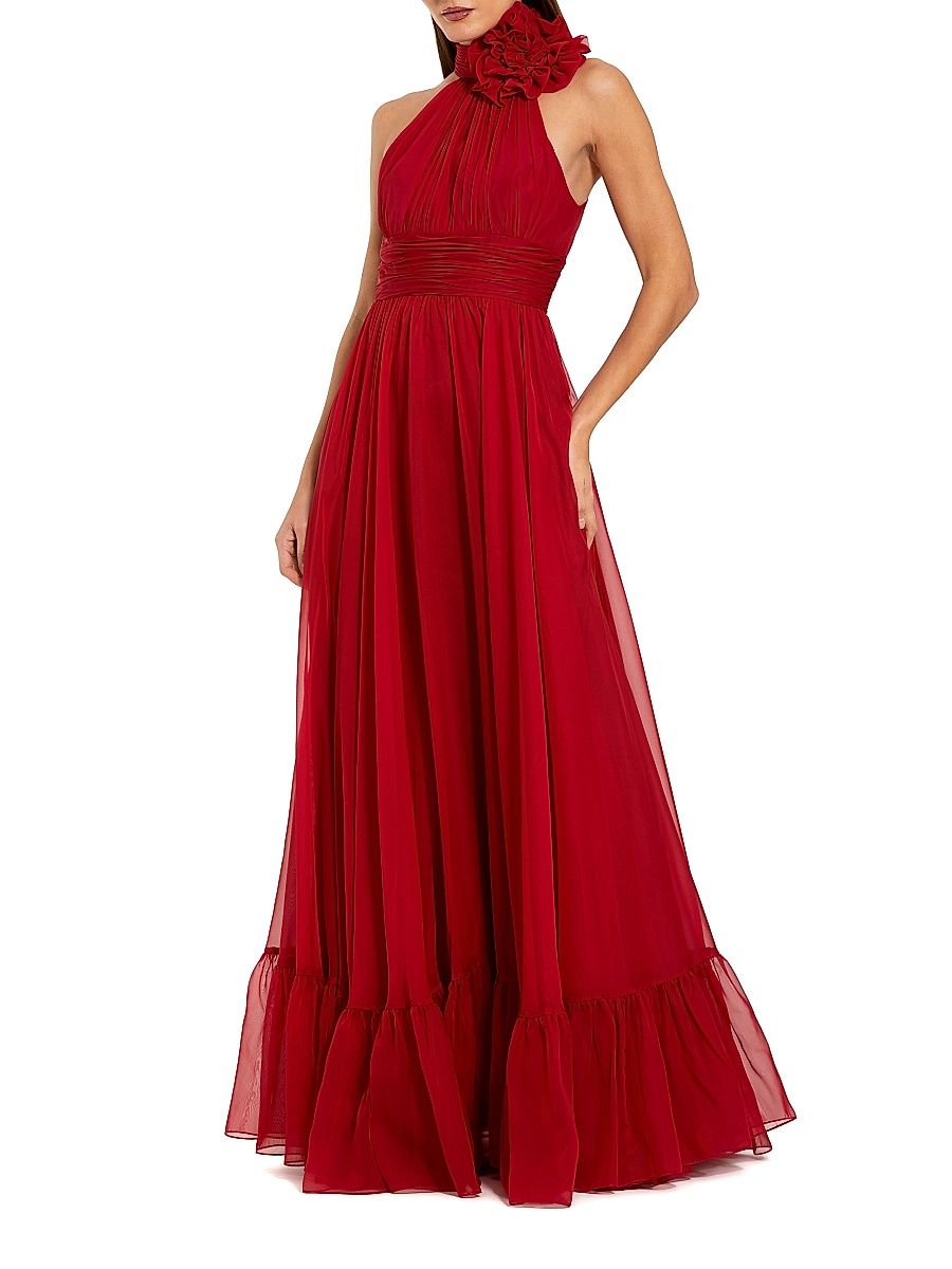 Women's Sleeveless Floral Chiffon Gown - Deep Red - Size 16