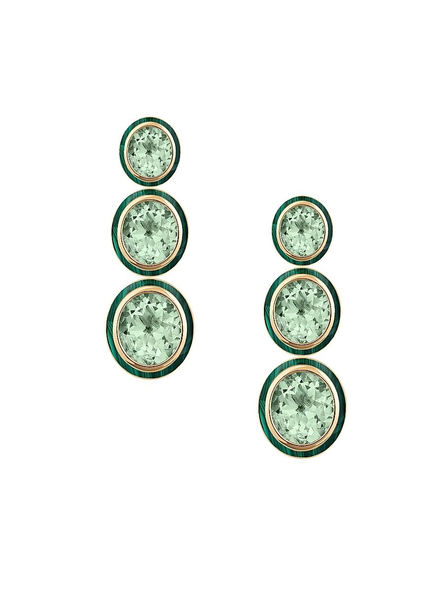 Women's Mélange 18K Yellow Gold, Prasiolite & Malachite Triple Drop Earrings - Prasiolite