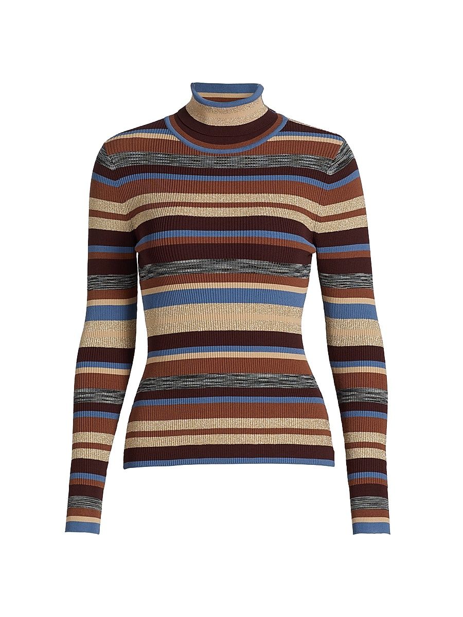 Women's Olene Striped Turtleneck Sweater - Stone Blue Brown Multi - Size Large