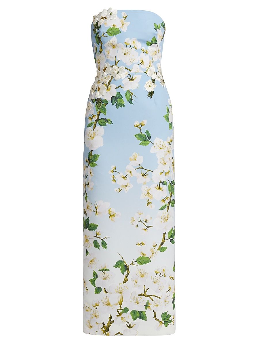 Women's Ombré Cherry Blossom Strapless Gown - White Blue Ombre - Size 6