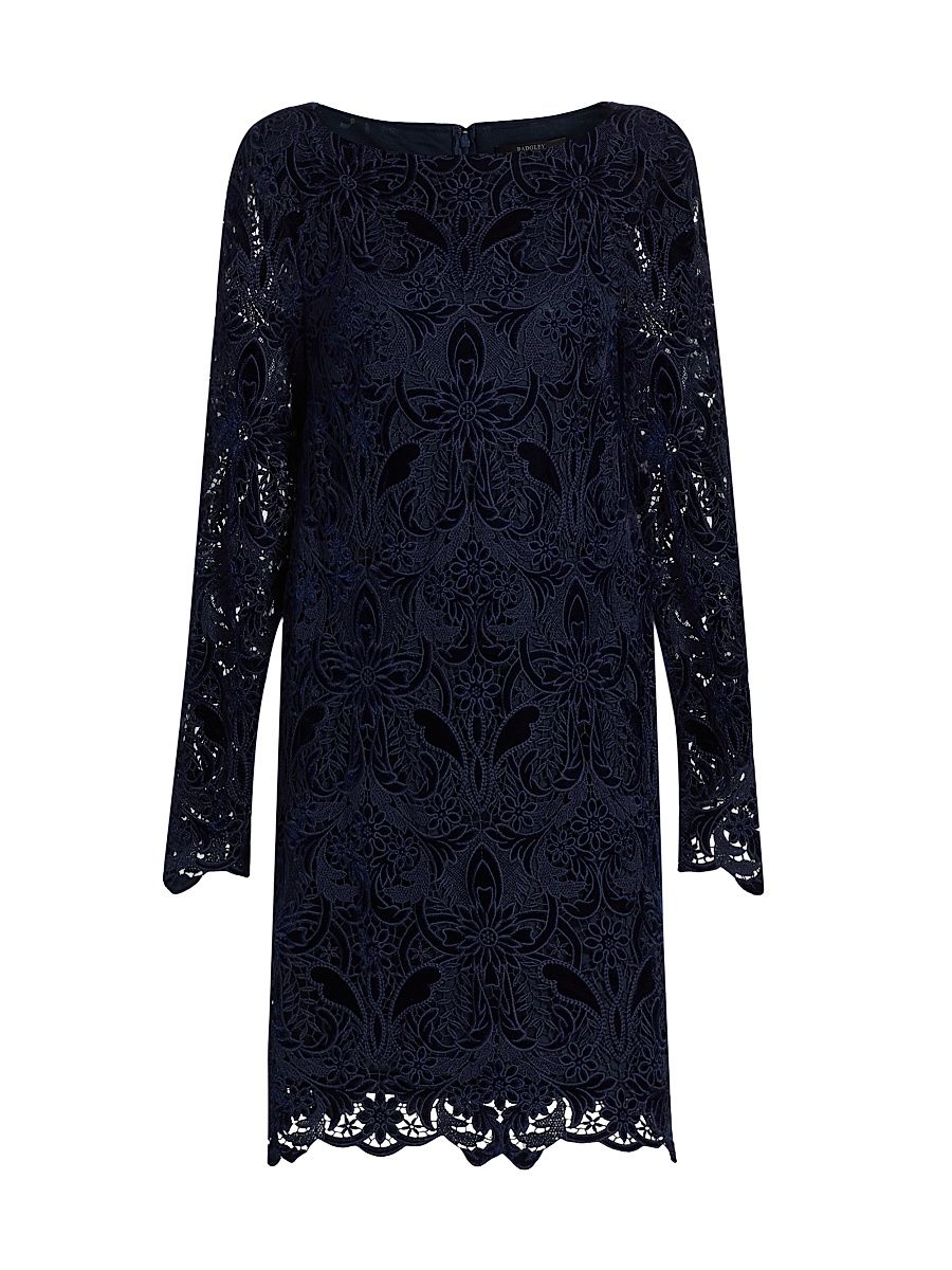 Women's Velvet-Lace Long-Sleeve Midi-Dress - Navy - Size 16