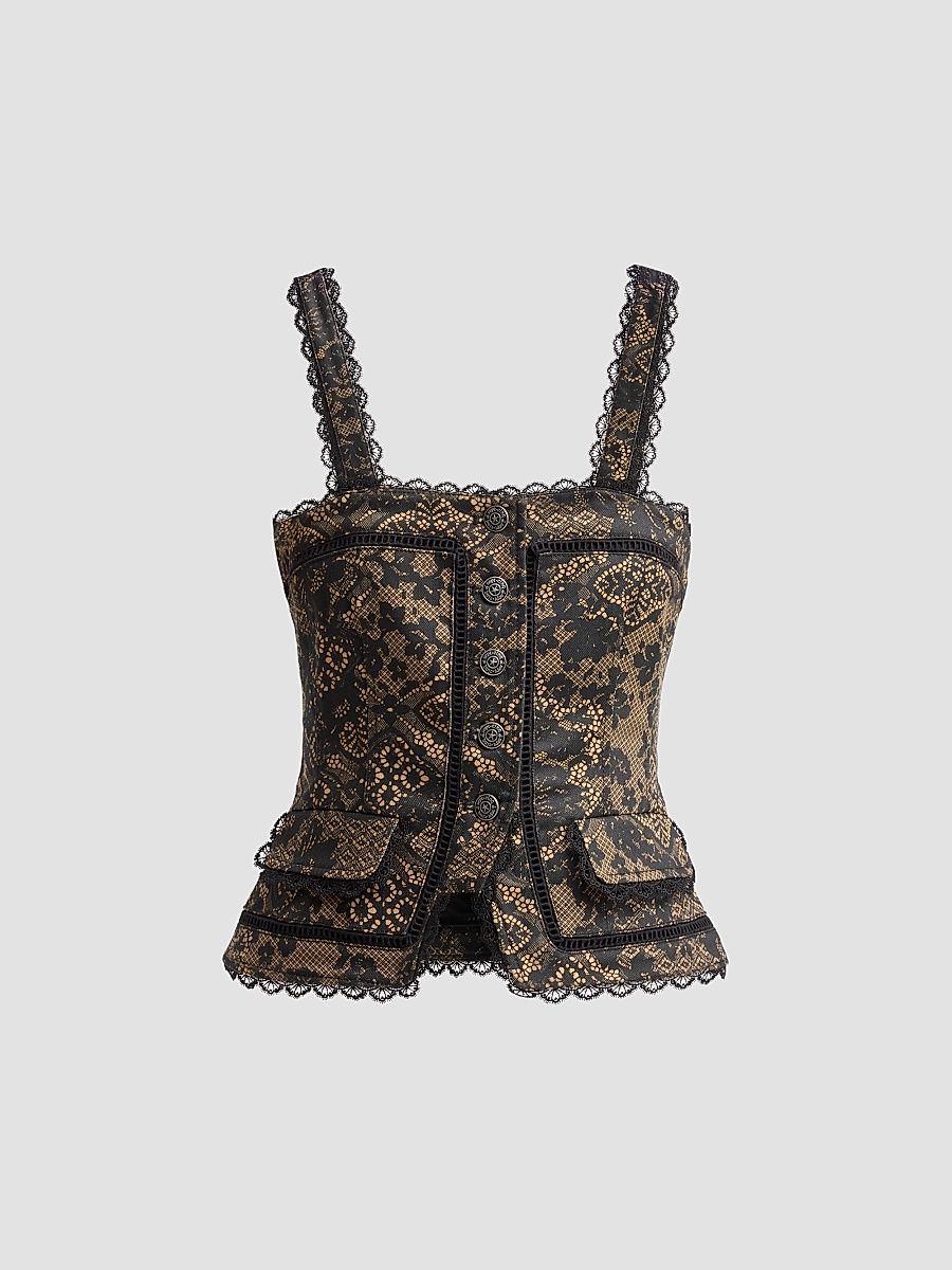 Women's Myra Patchwork-Print Lace-Trim Top - Biscotti Black - Size XL