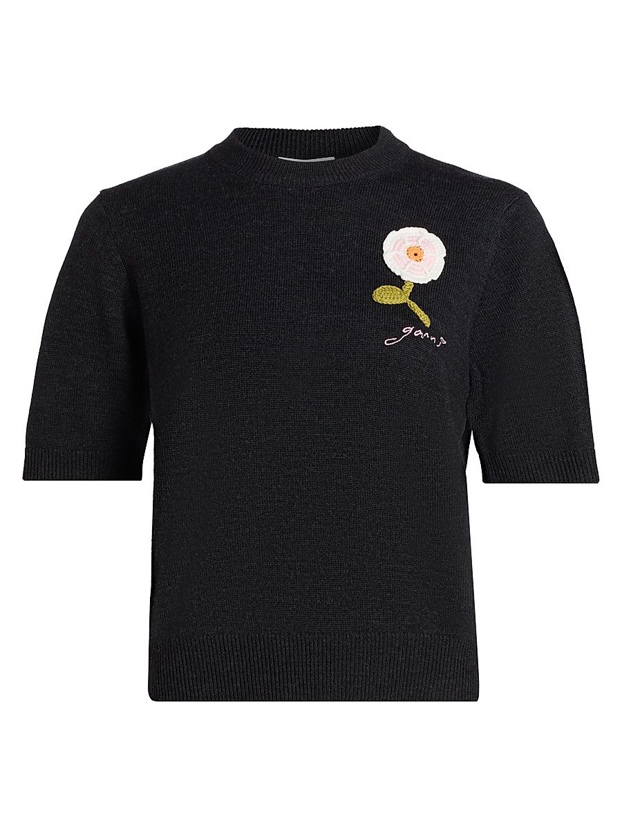 Women's Floral Crochet Wool-Cotton T-Shirt - Phantom - Size XL