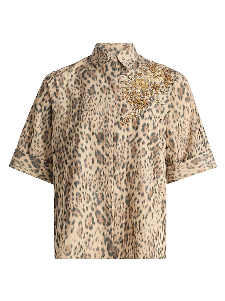 Women's Aimee Embroidered Leopard-Print Blouse - Size XXL