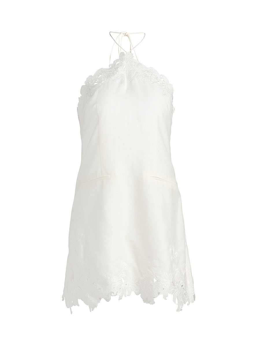Women's Lanie Lace-Trimmed Linen-Silk Minidress - Seed Pearl - Size 14