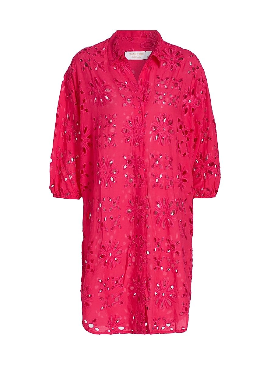 Women's Eyelet Button-Front Shirtdress - Raspberry - Size XS