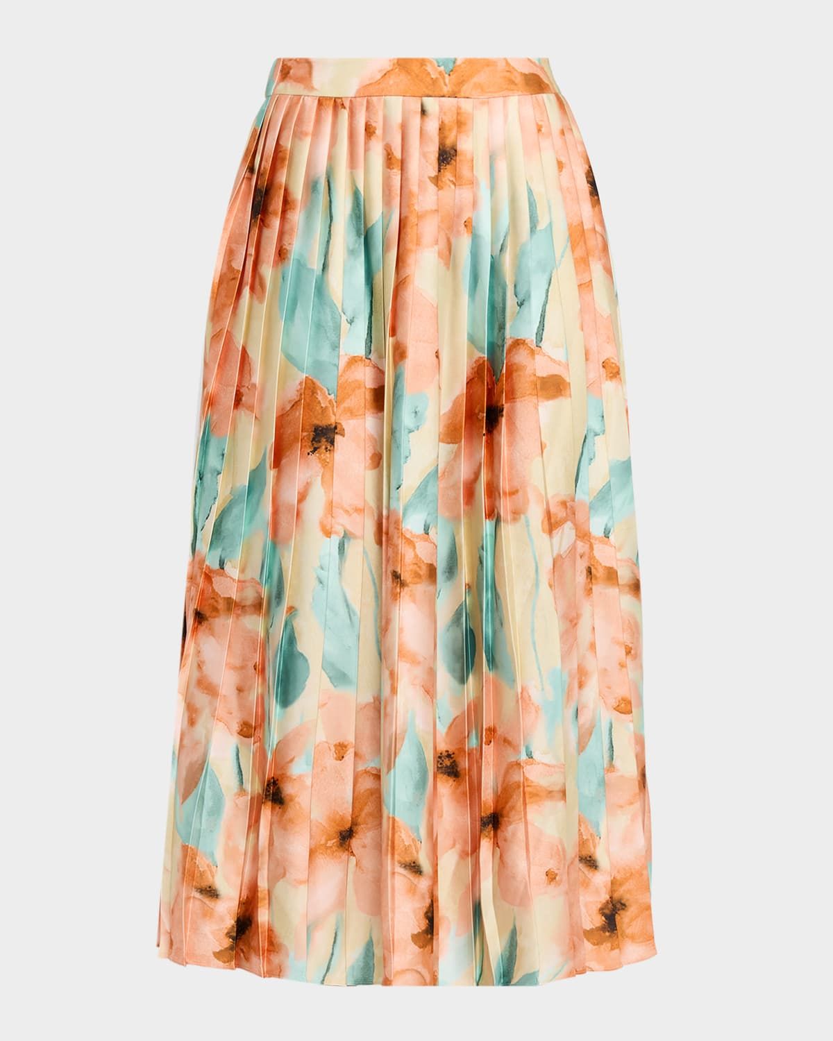 Pleated Floral-Print Crepe De Chine Midi Skirt