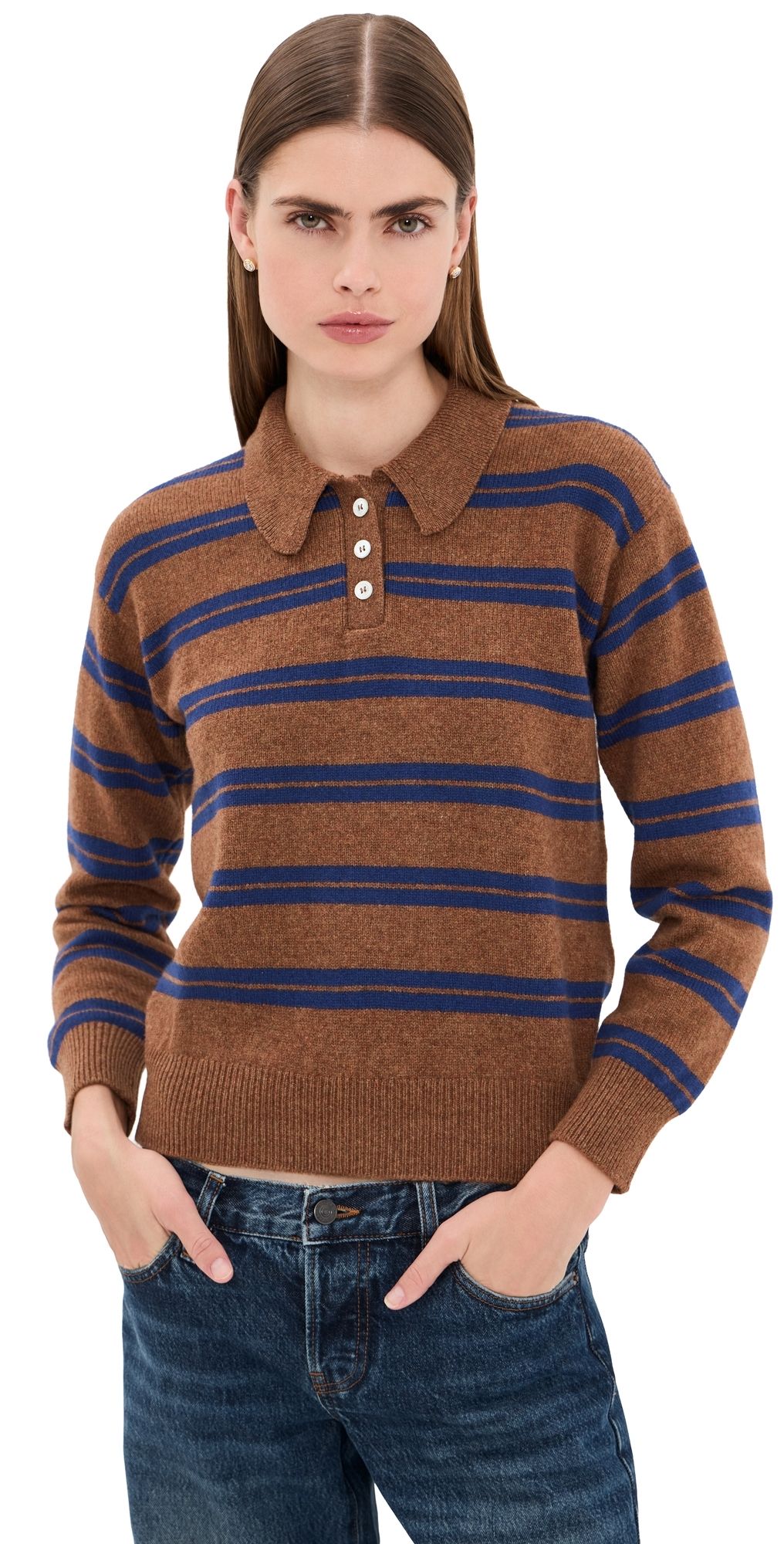 &Daughter The Edie Stripe Polo Shirt Hazelnut w/ Strath Blue Stripe L