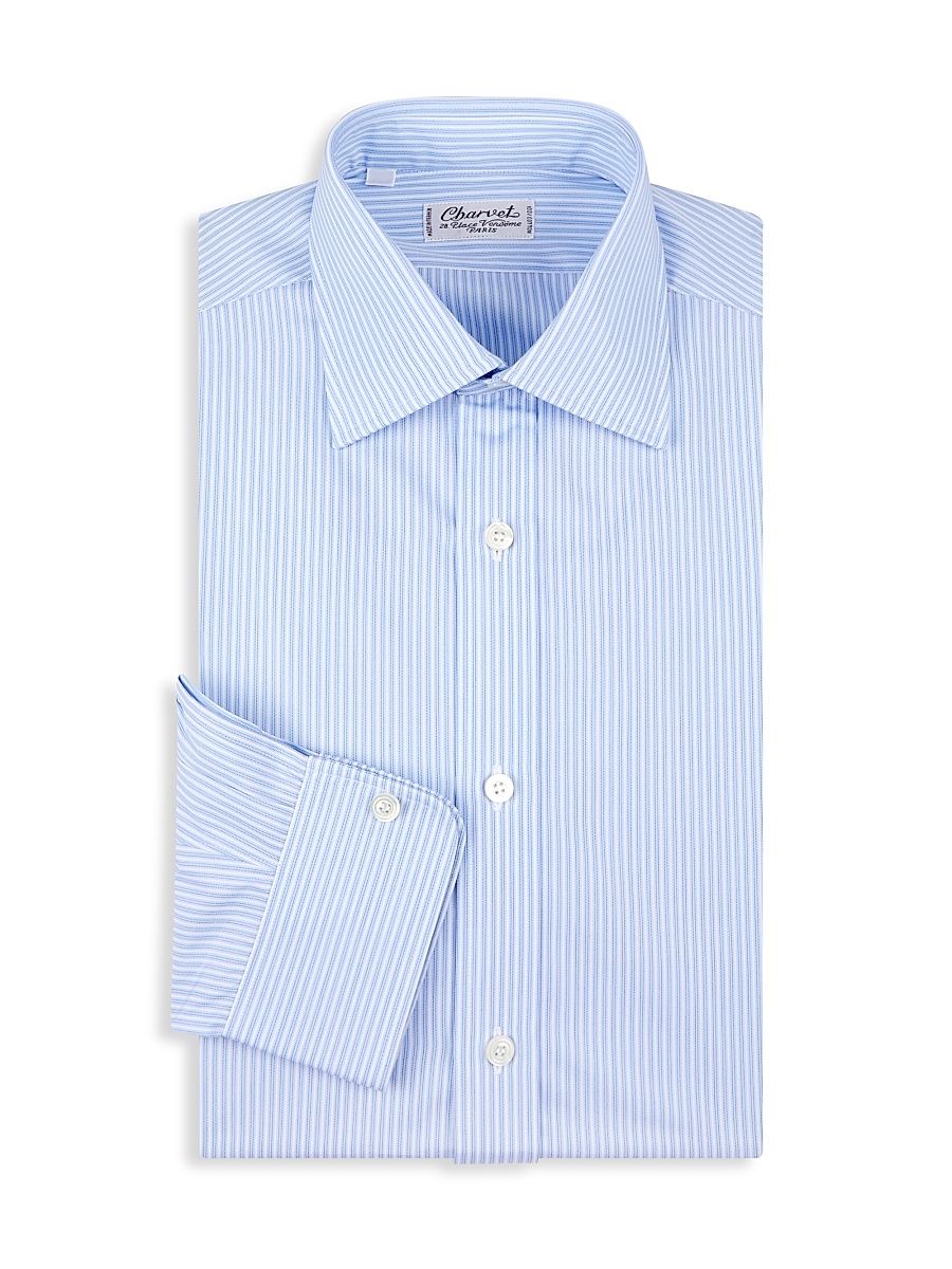 Men's Pinstriped Cotton Dress Shirt - Blue - Size 17