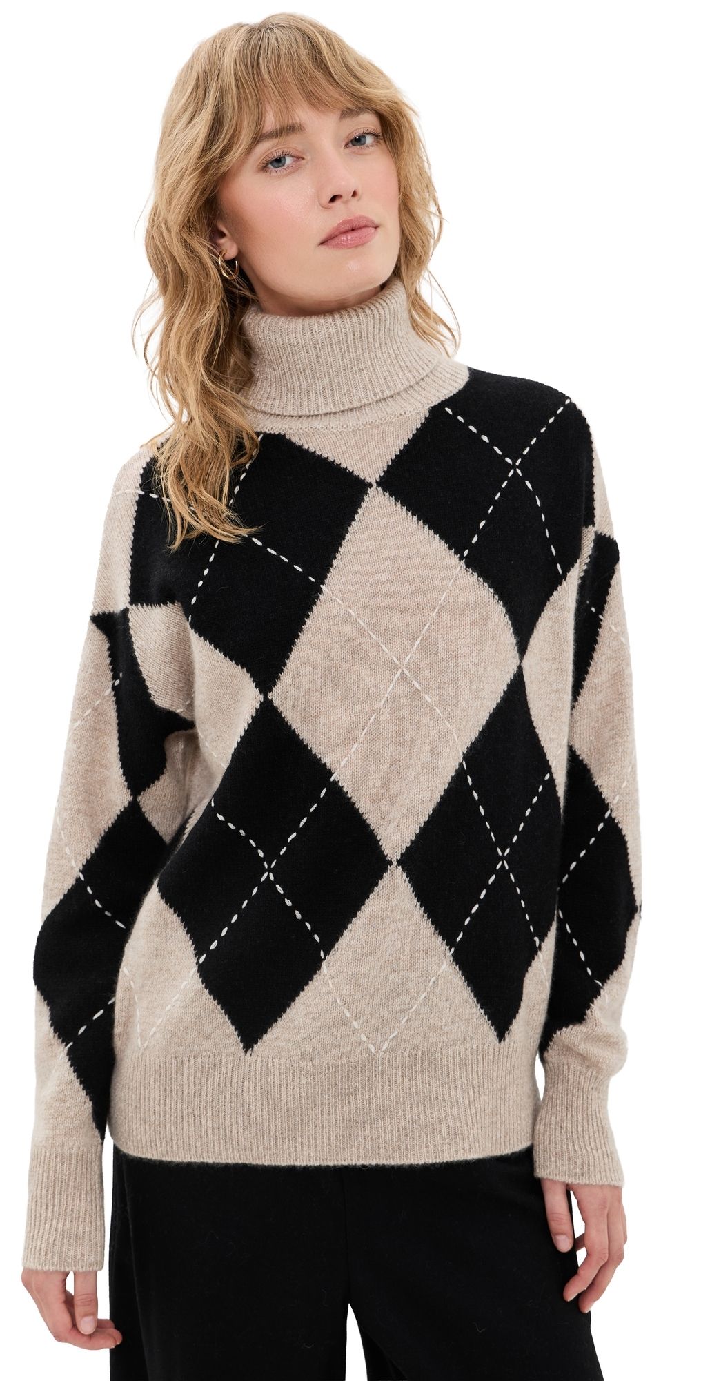 White & Warren Cashmere Argyle Turtleneck Pullover Taupe Heather Marl M