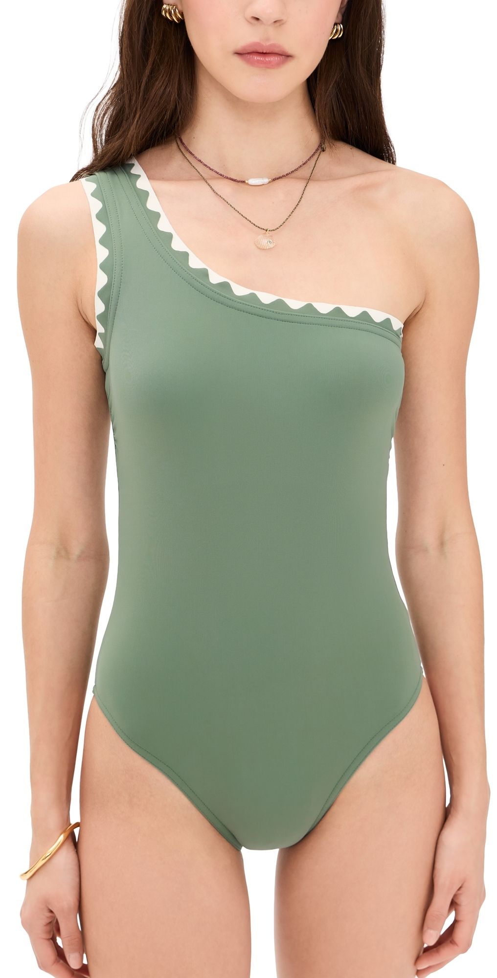 Karla Colletto Lia One Shoulder One Piece with Shelf Bra Lichen/Cream 8