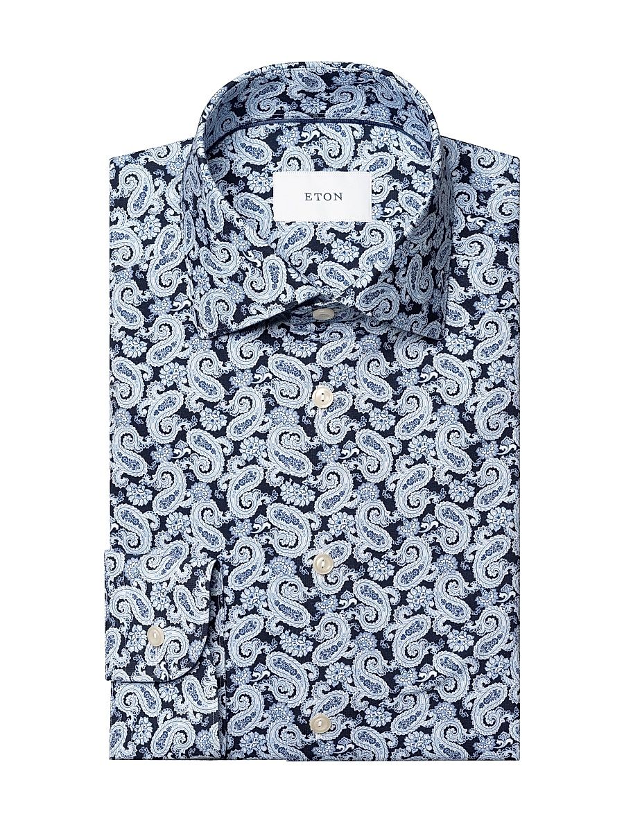 Men's Paisley Stretch-Cotton Slim-Fit Shirt - Navy Blue - Size 15