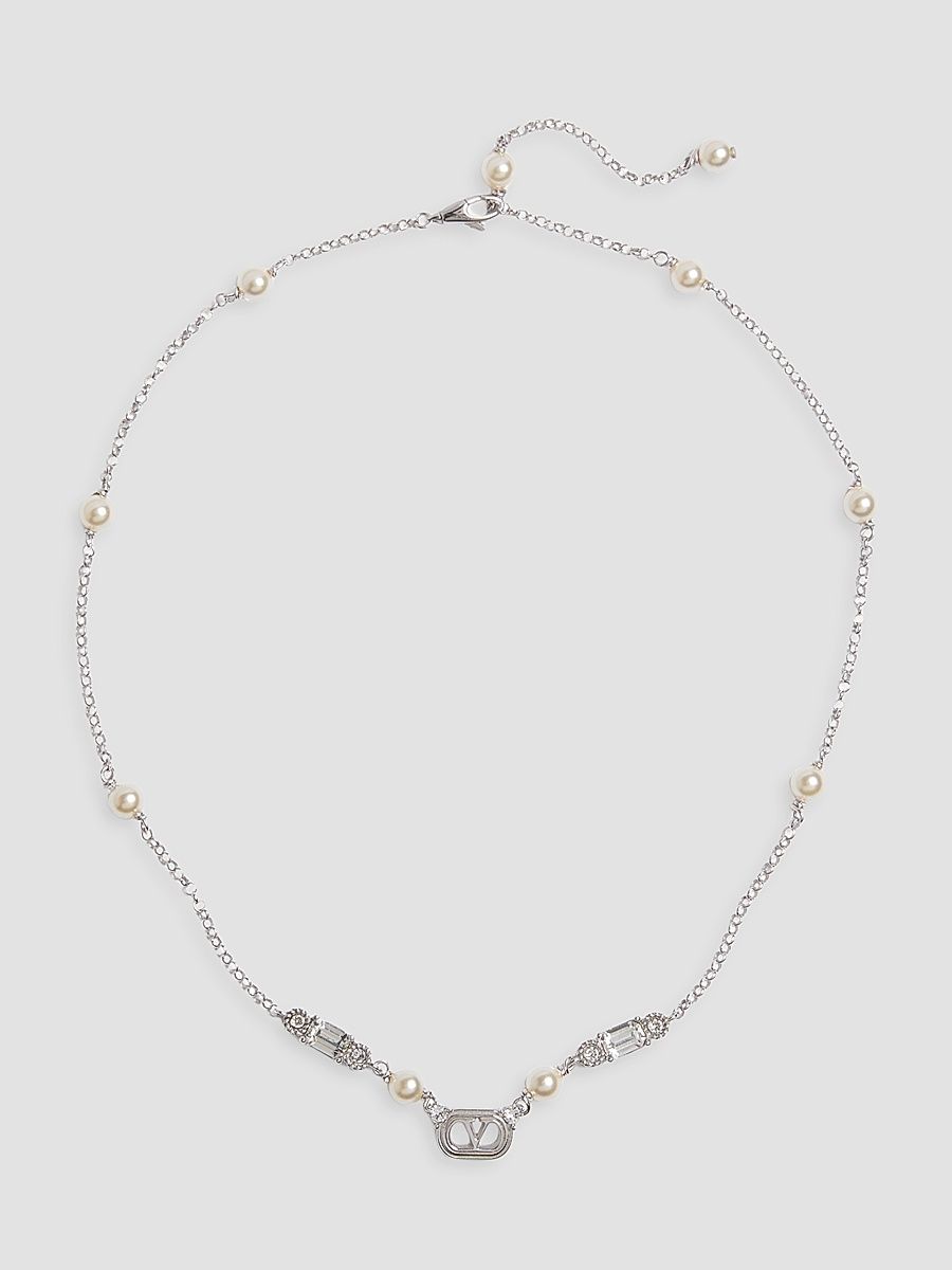Women's Ovalette Necklace in Metal, Pearls and Swarovski Crystals - Rhodium