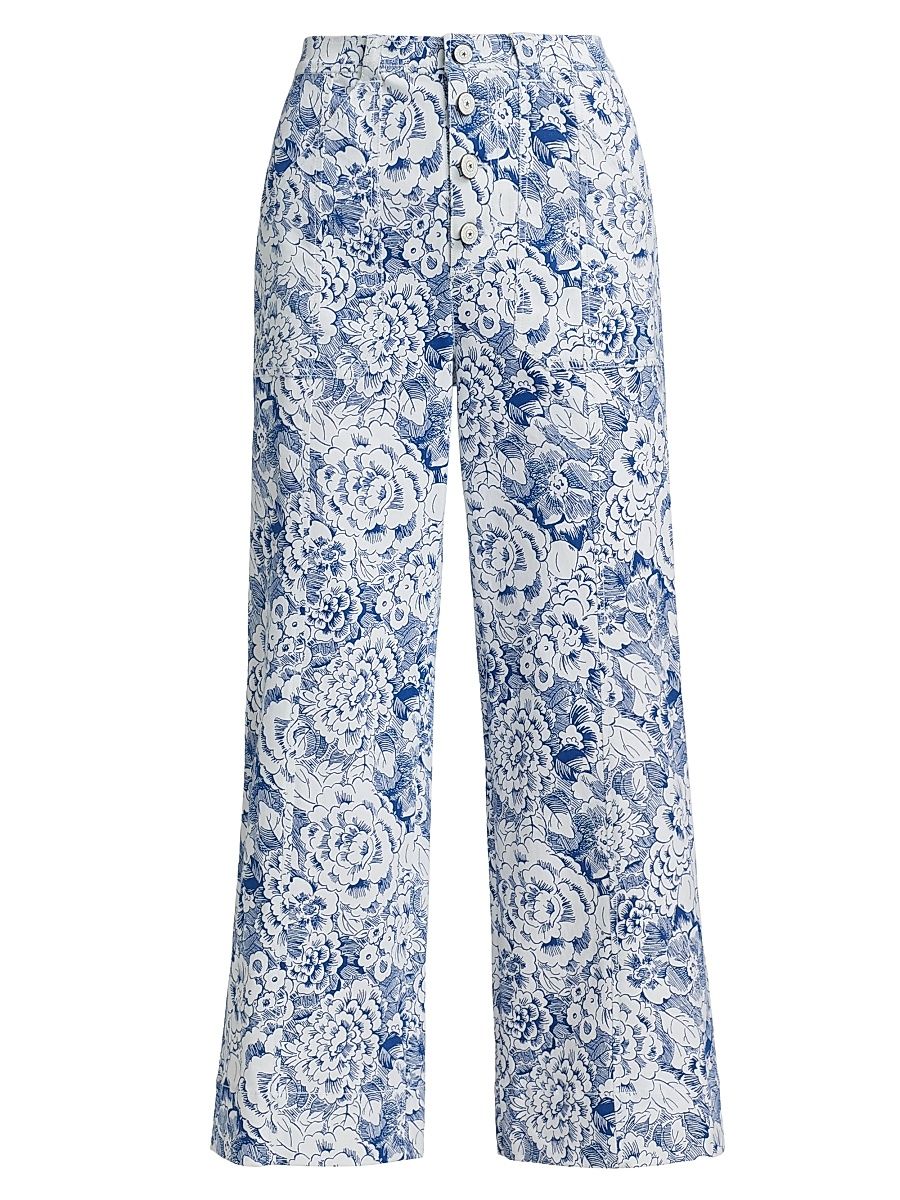 Women's Sketchbook Floral Benji Pants - White Dark Cerulean - Size 10