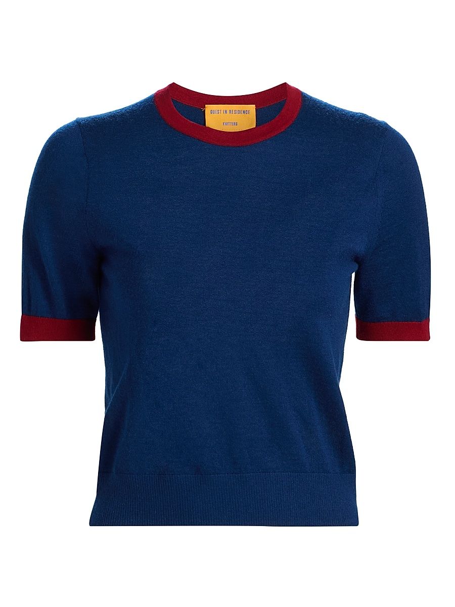 Women's Airy Cashmere Knit Ringer T-Shirt - Navy Carmine - Size XL
