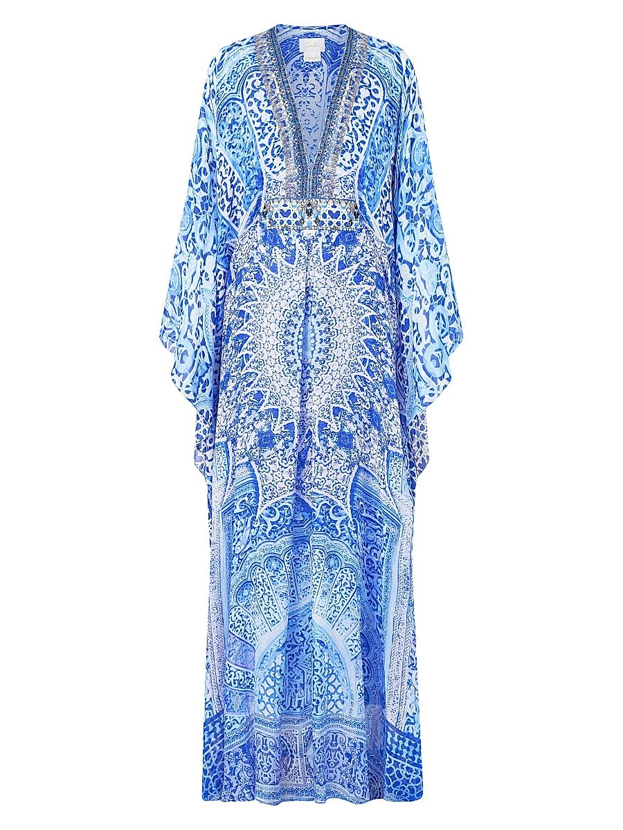 Women's Printed Silk Maxi Caftan - Blue Multi