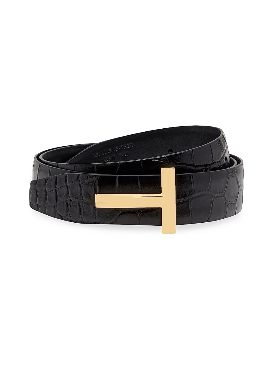 Women's T Logo Croc-Embossed Leather Reversible Belt - Black - Size Medium