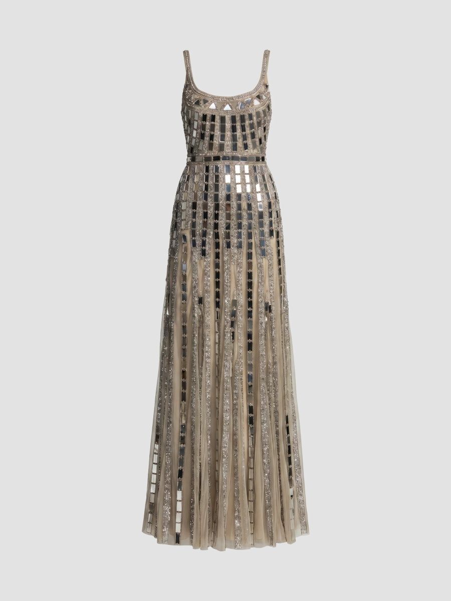 Mac Duggal Women's Mirror Embellished Mesh Gown - Silver - Size 12