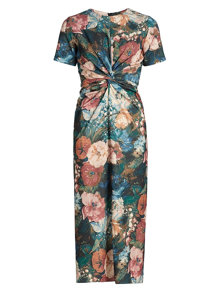 Women's Floral Twist-Front Cocktail Dress - Green Peach Multi - Size 10
